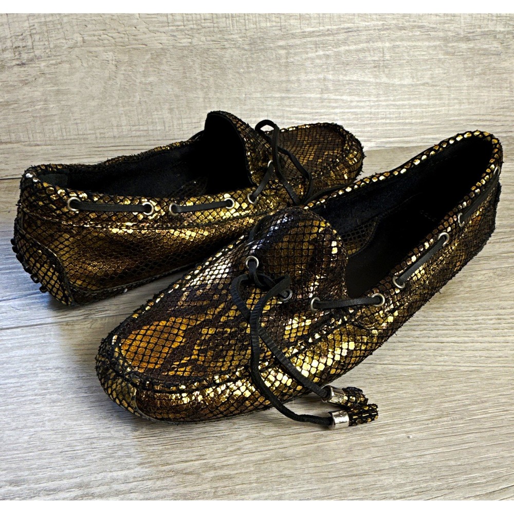 Cole Haan Leather Tassel Loafers Womens 9.5B Gold Black Snakeskin Print D42481